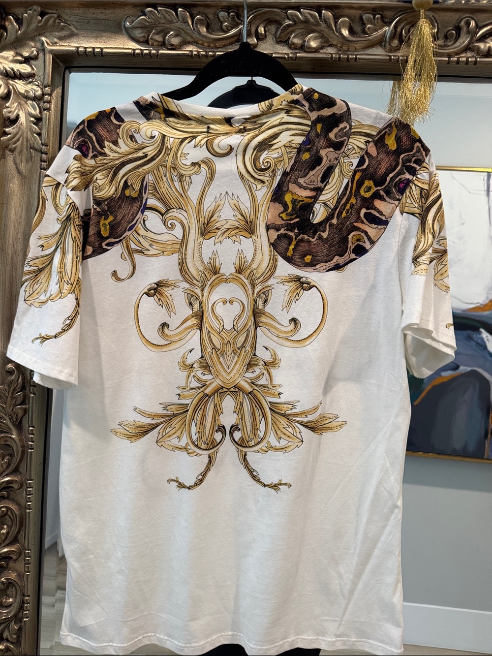 Zara White Tee with Gold Baroque Scrolls and Brown Snake Motif - Picture 3 of 3